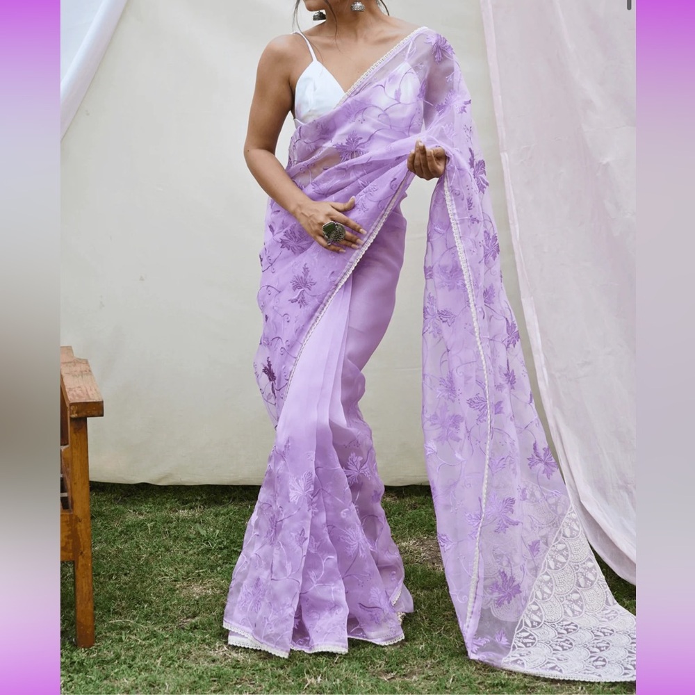 Pre-Pleated Ready to wear Lace Sheer Chikankari Organza Saree, Lavendar